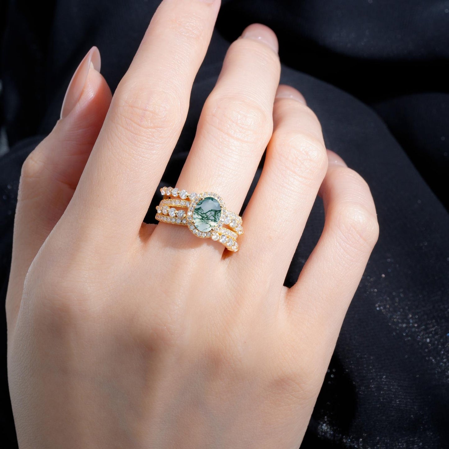 Oval Cut Moss Agate Halo Triple-Row Split Shank Engagement Ring - product view2