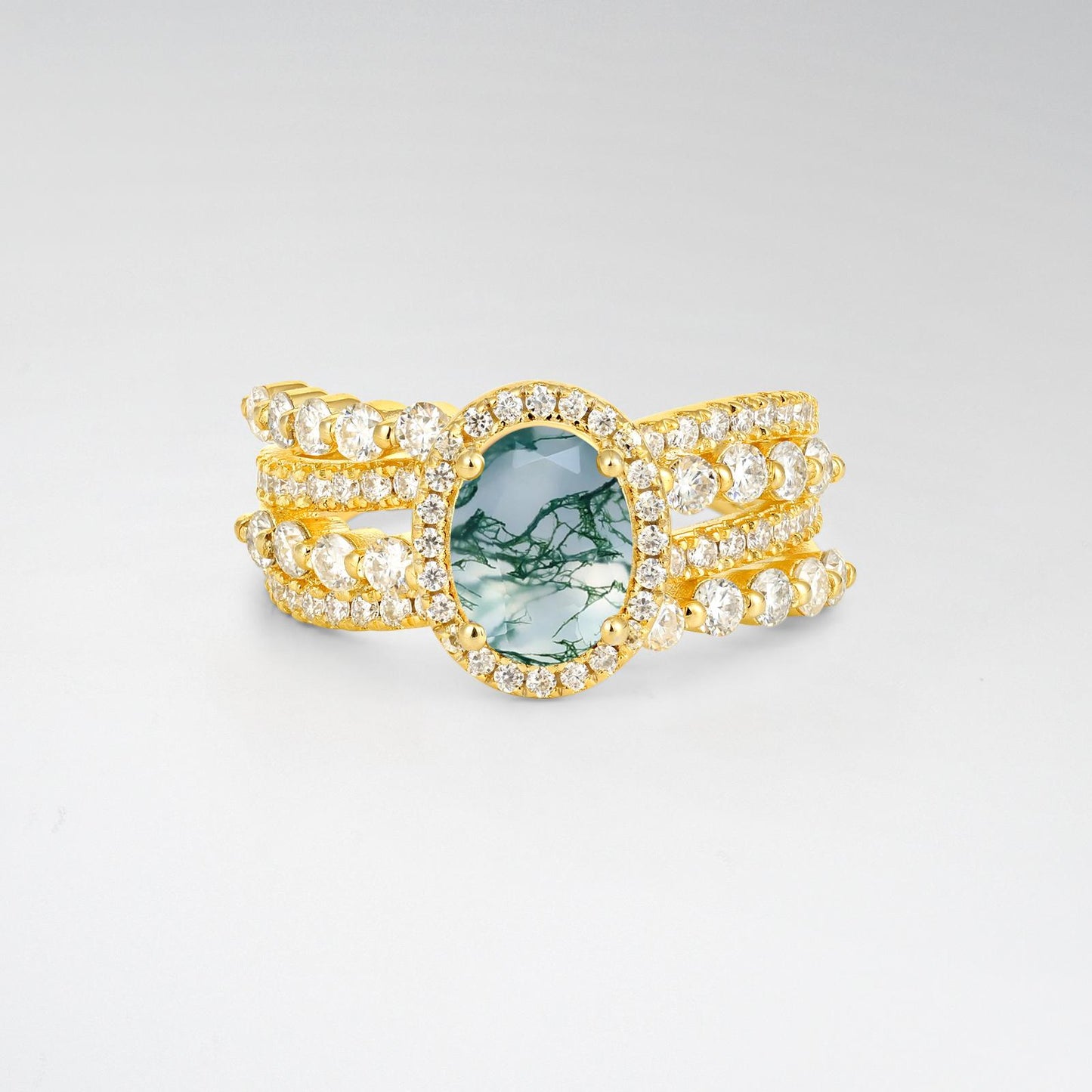 Oval Cut Moss Agate Halo Triple-Row Split Shank Engagement Ring - product view1