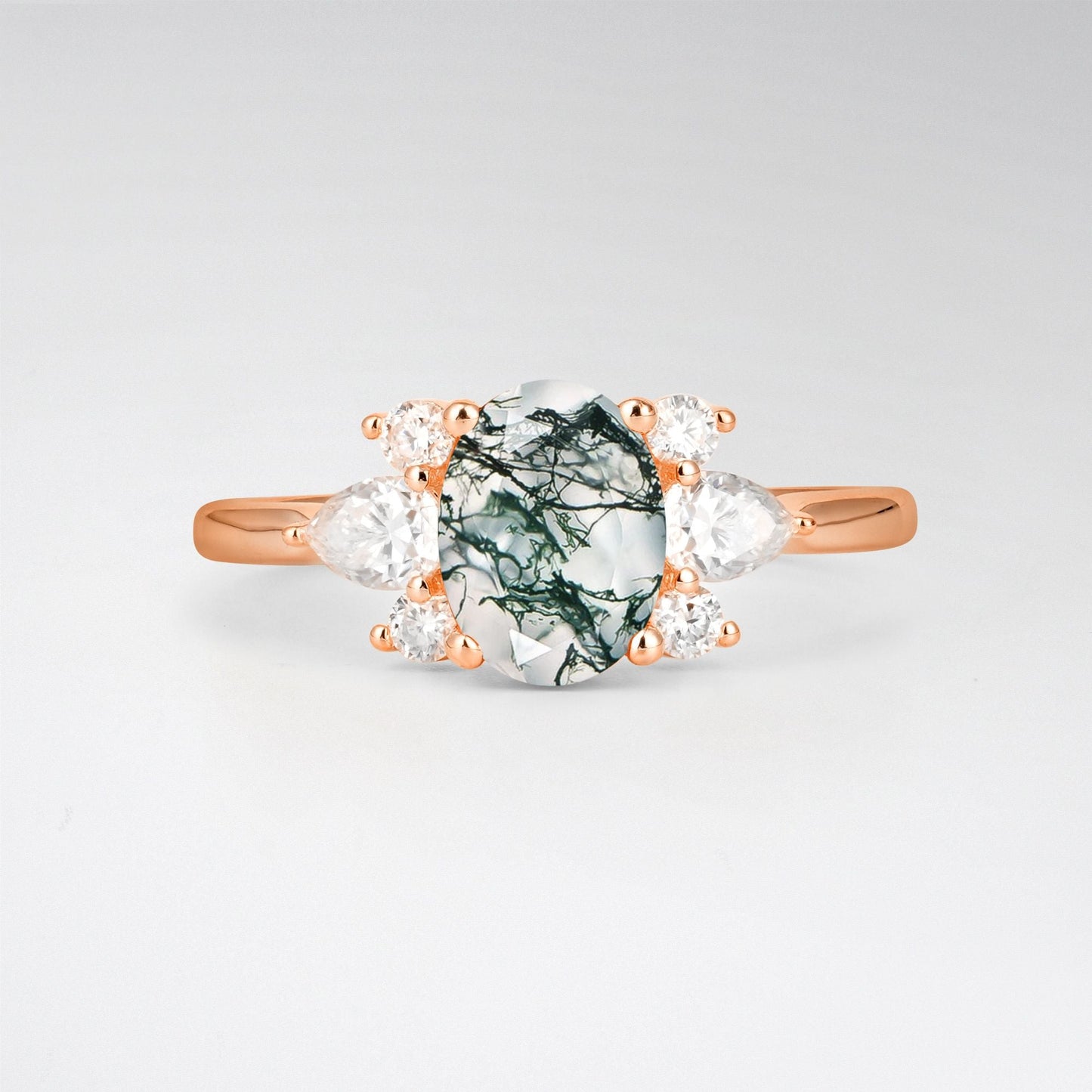Oval Cut Moss Agate Pear Side Stone Engagement Ring - product view1