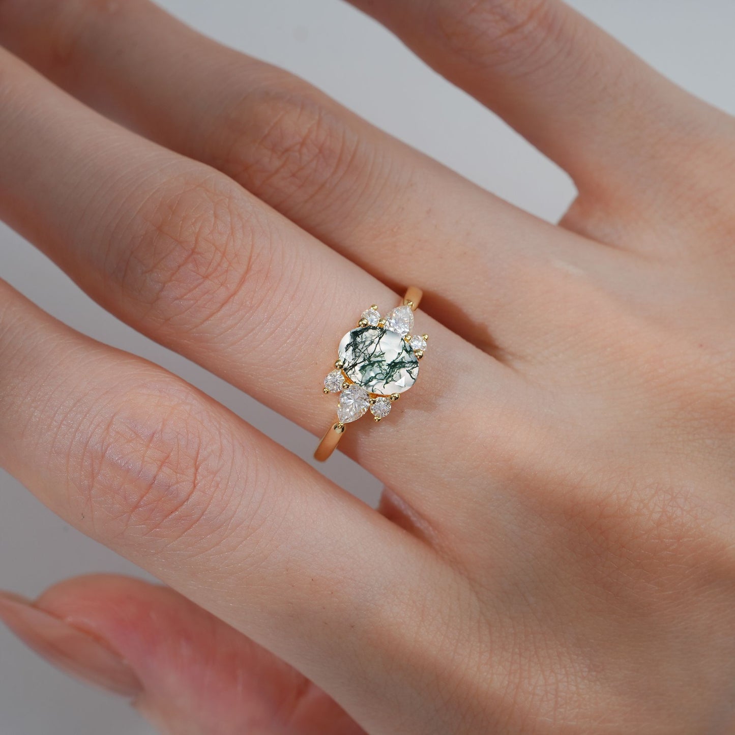 Oval Cut Moss Agate Pear Side Stone Engagement Ring - product view2