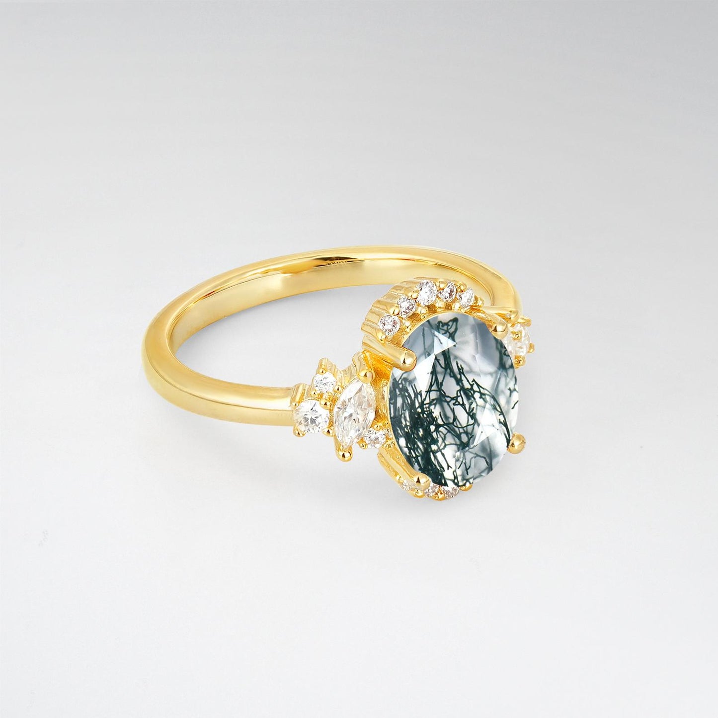 Oval Cut Moss Agate Side Stone Engagement Ring - product view2
