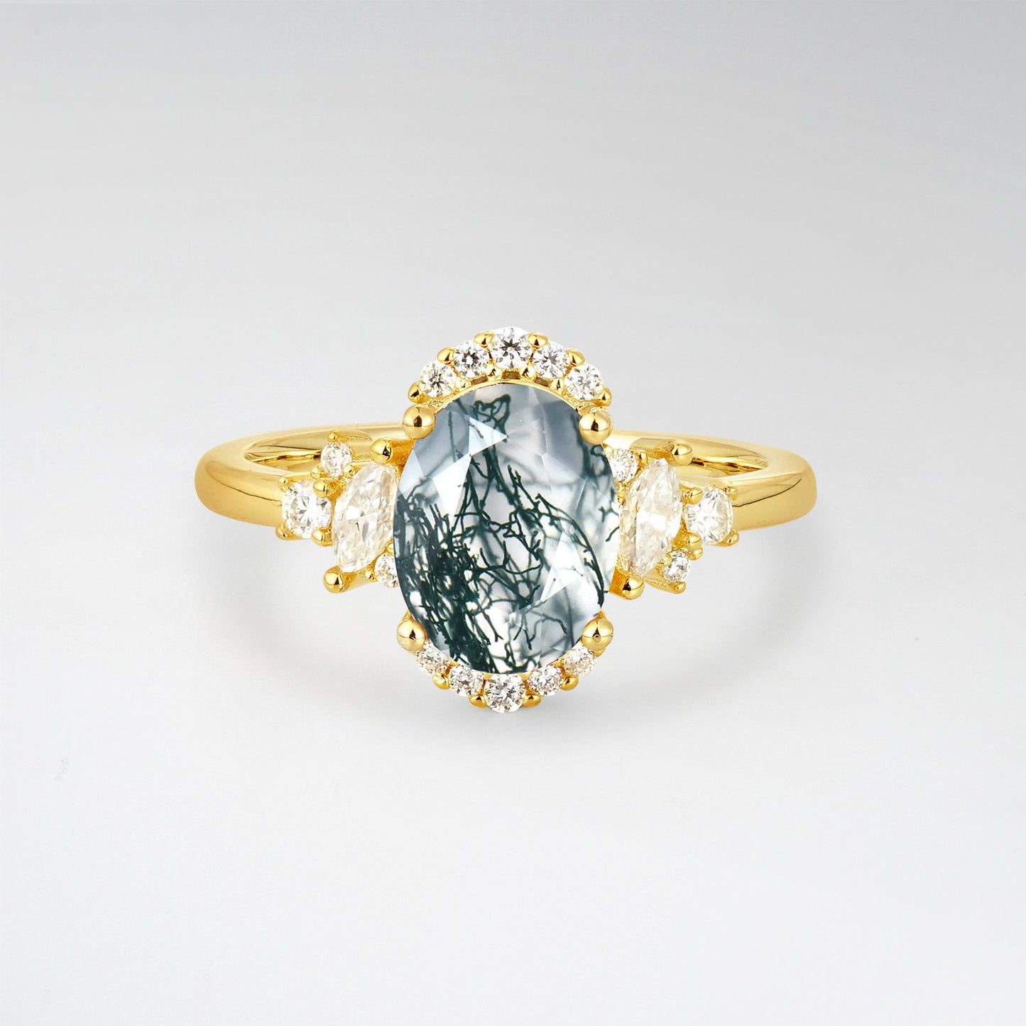 Oval Cut Moss Agate Side Stone Engagement Ring - product view1