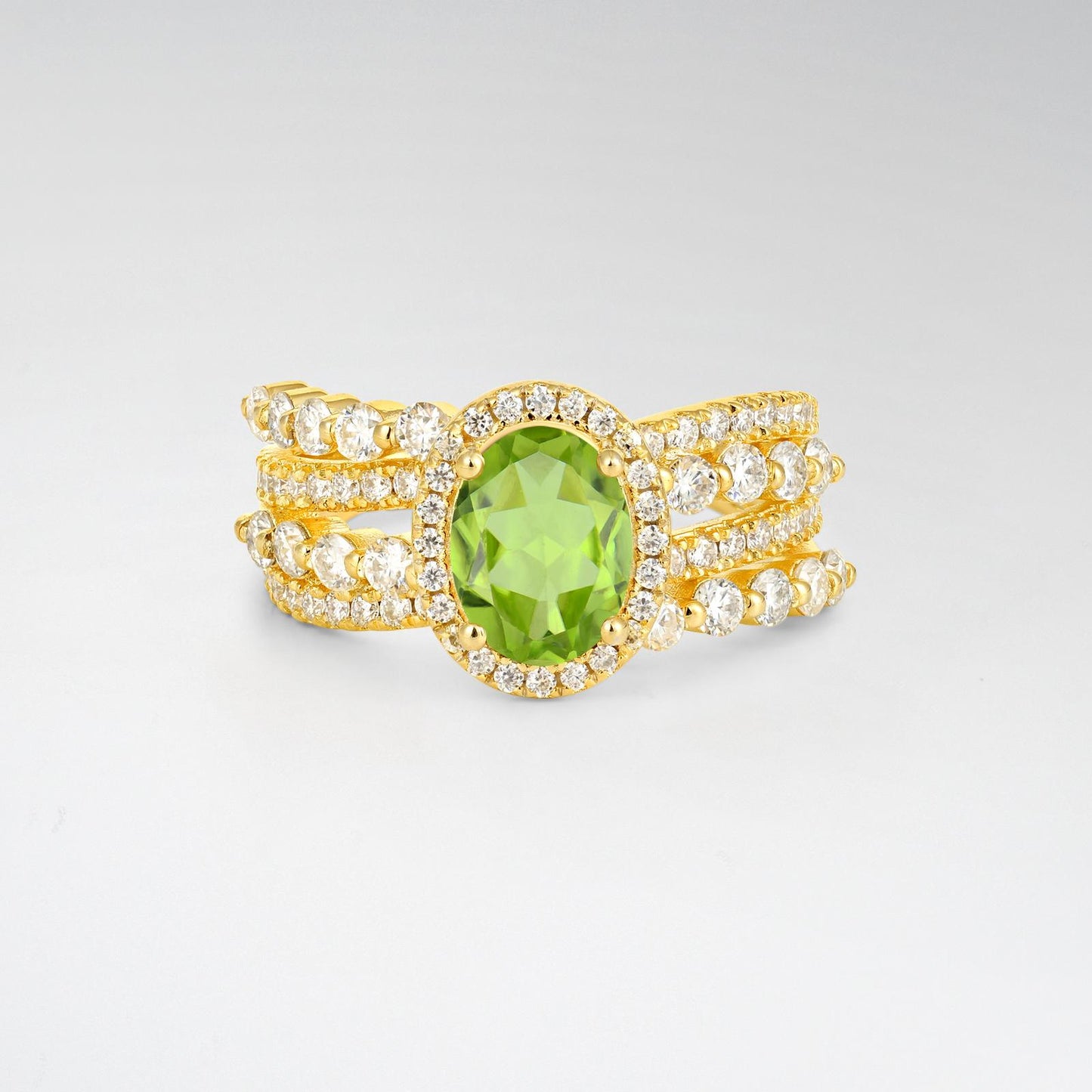 Oval Cut Peridot Halo Triple-Row Split Shank Engagement Ring - product view1