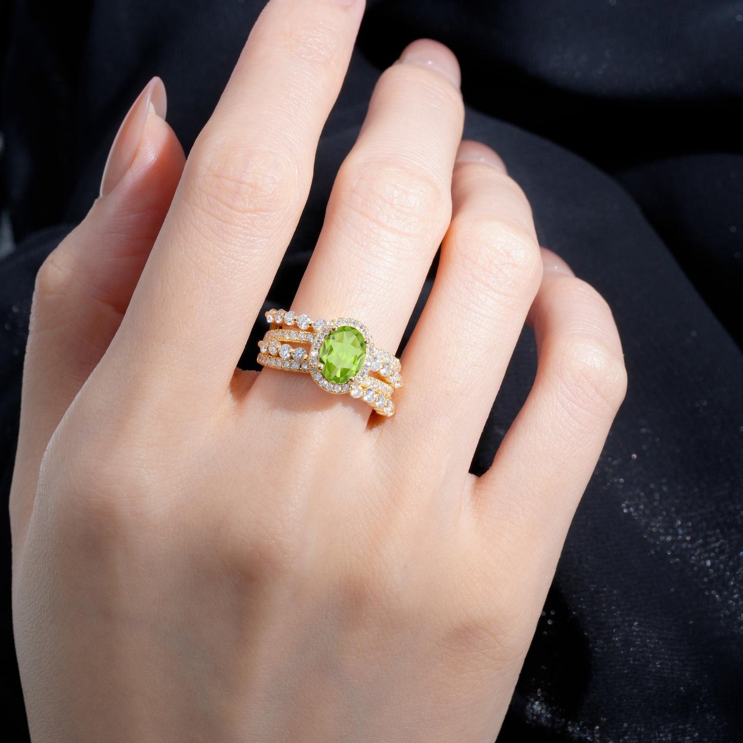 Oval Cut Peridot Halo Triple-Row Split Shank Engagement Ring - product view2