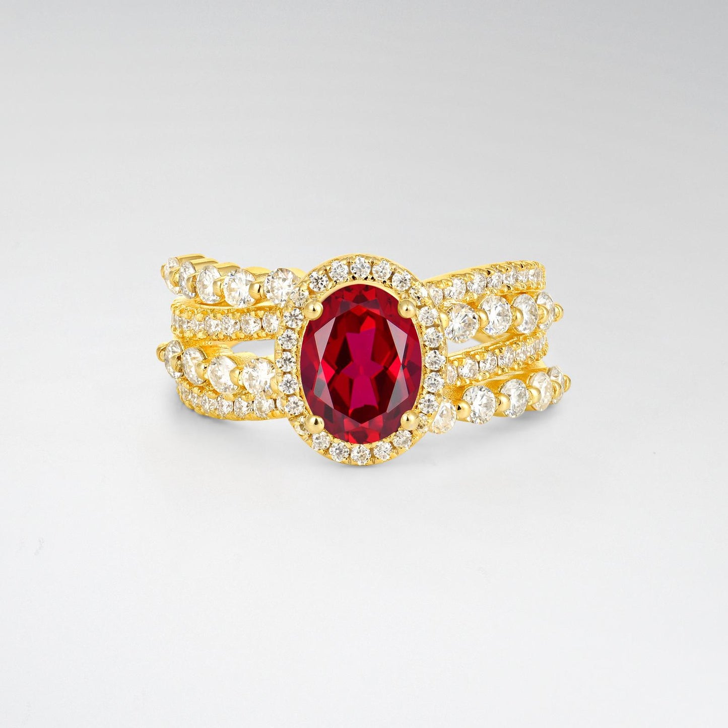 Oval Cut Ruby Halo Triple-Row Split Shank Engagement Ring - product view1
