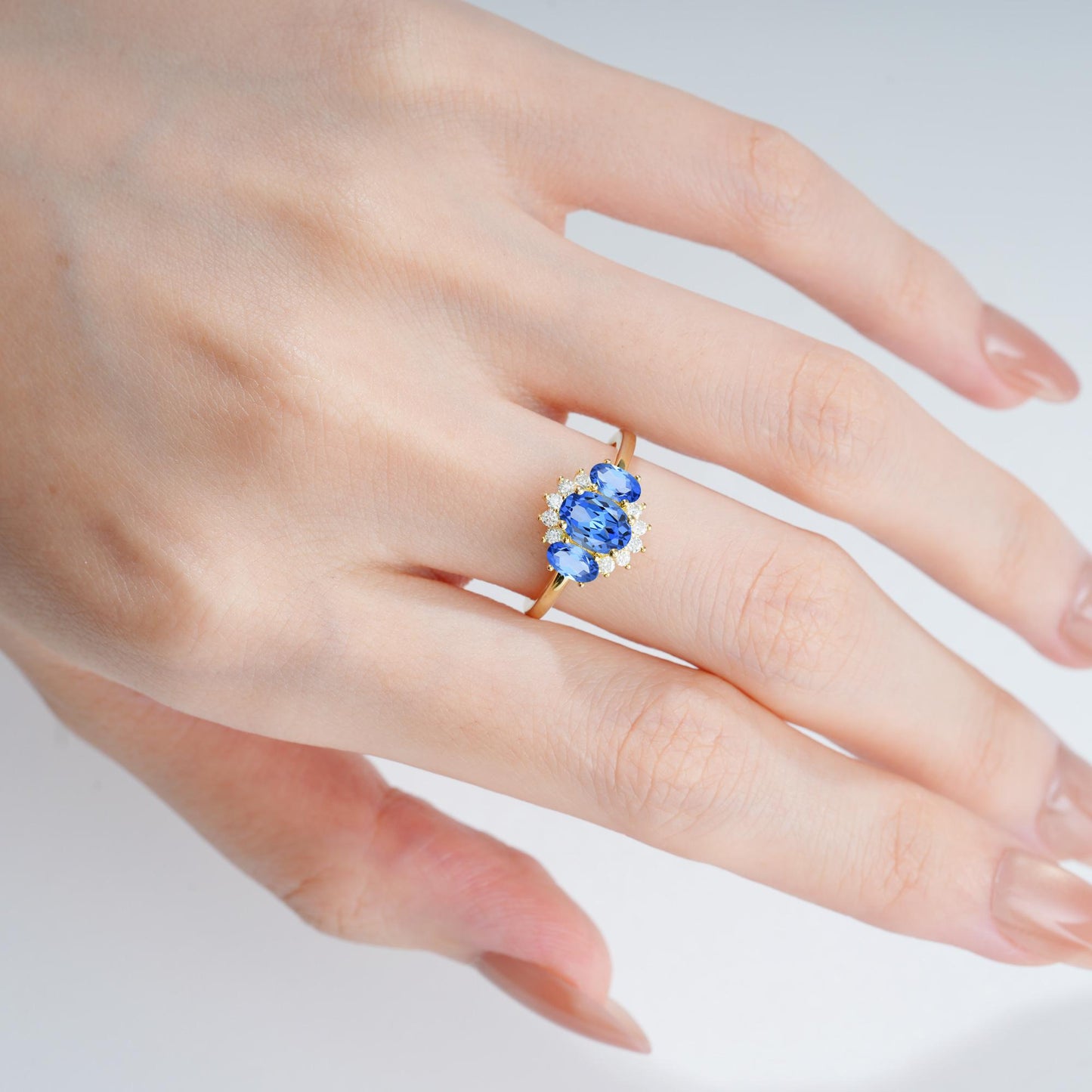 Oval Cut Sapphire Cluster Engagement Ring - product view2