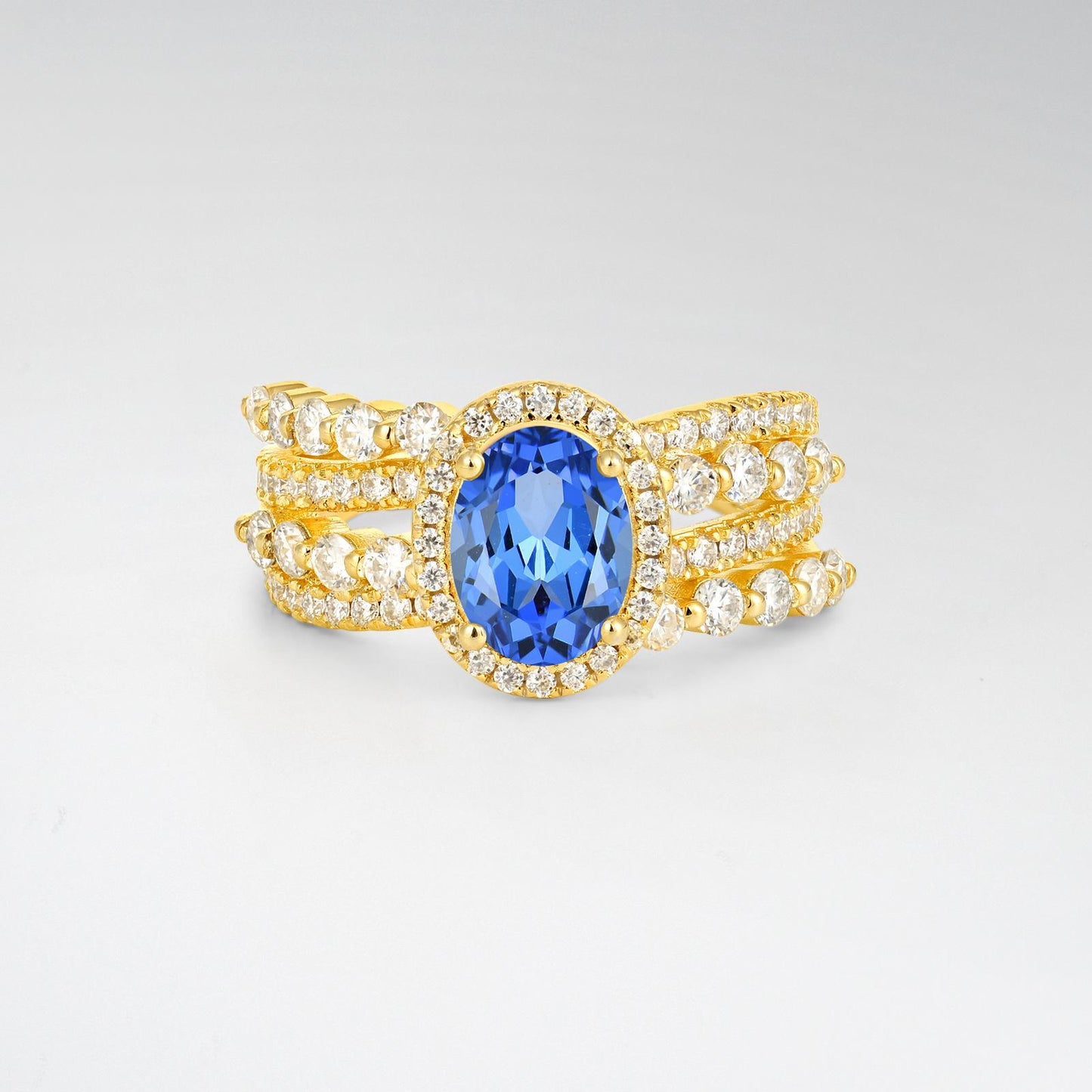 Oval Cut Sapphire Halo Triple-Row Split Shank Engagement Ring - product view1