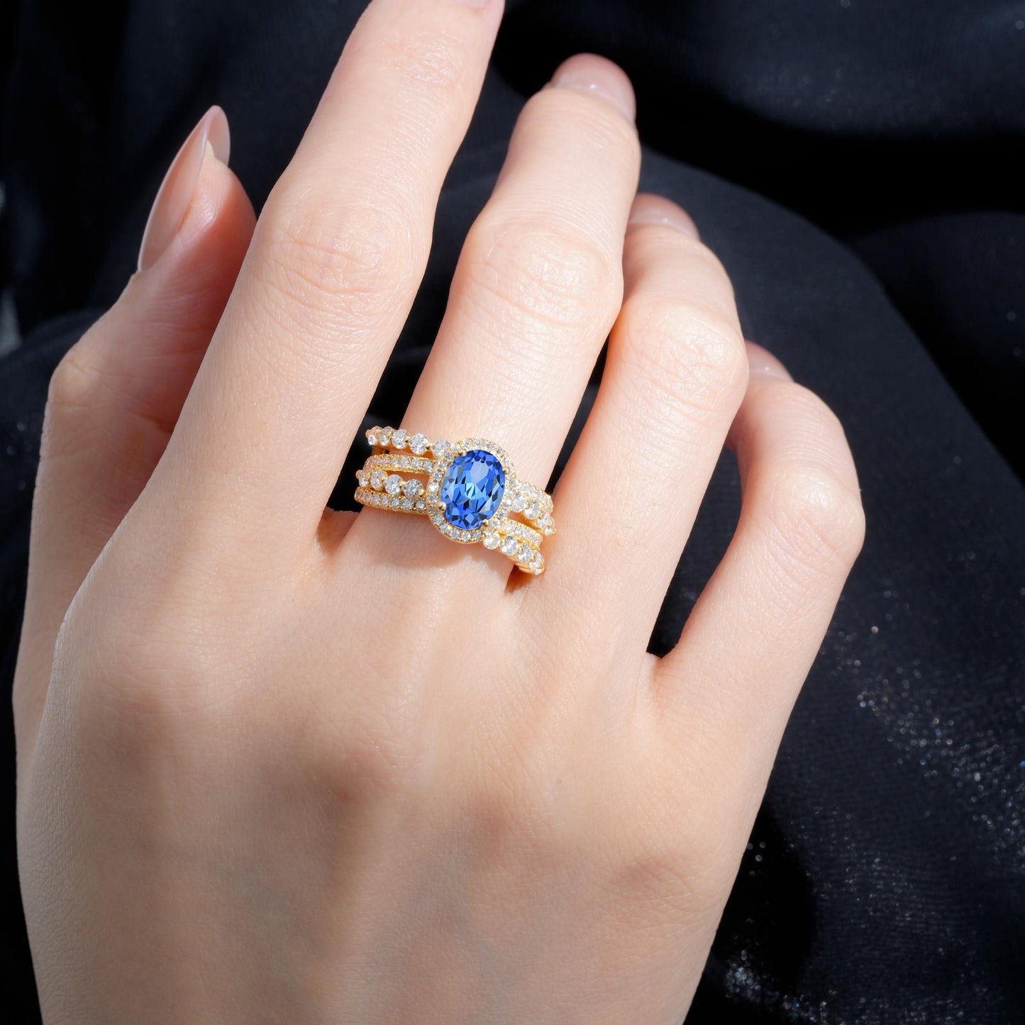 Oval Cut Sapphire Halo Triple-Row Split Shank Engagement Ring - product view2
