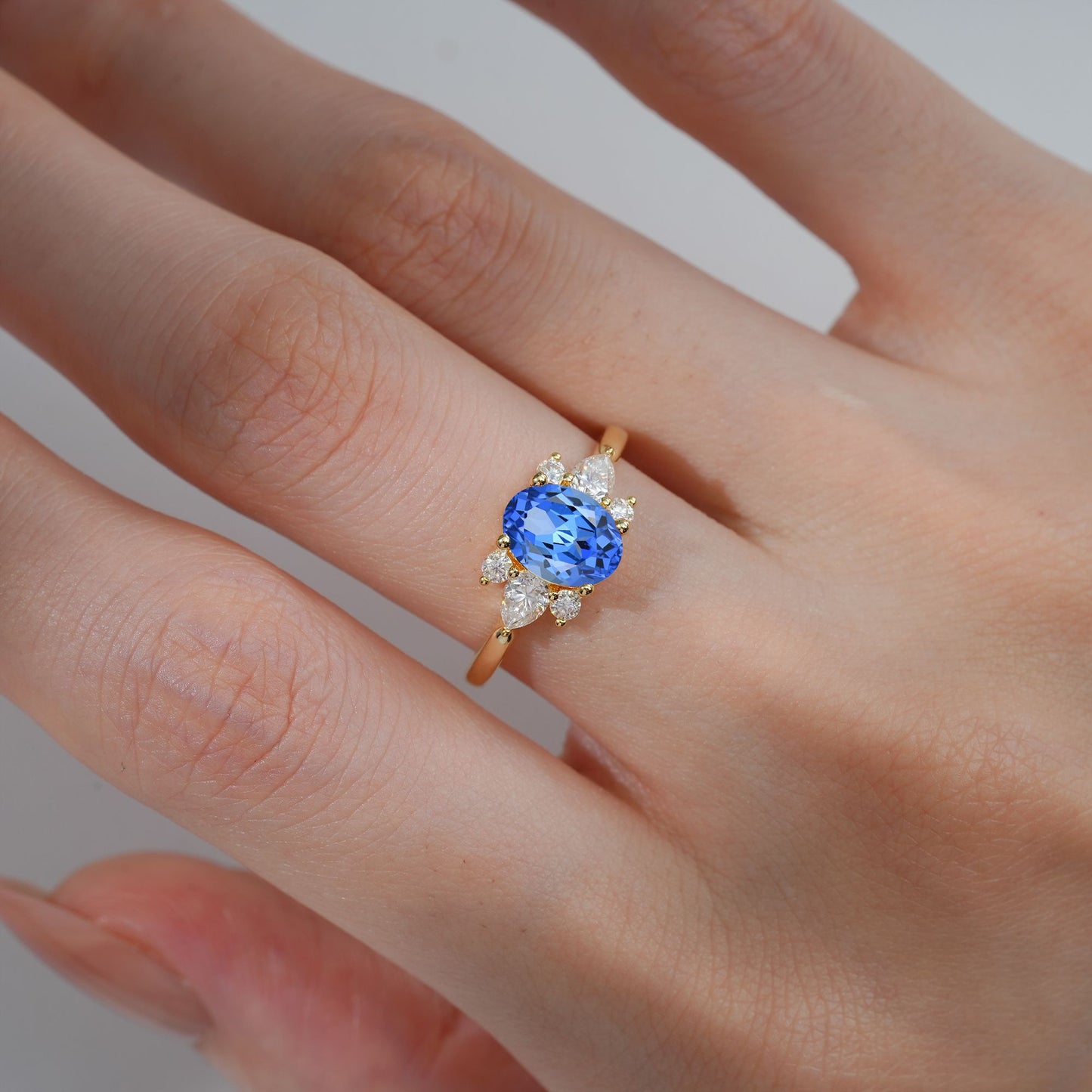Oval Cut Sapphire Pear Side Stone Engagement Ring - product view2