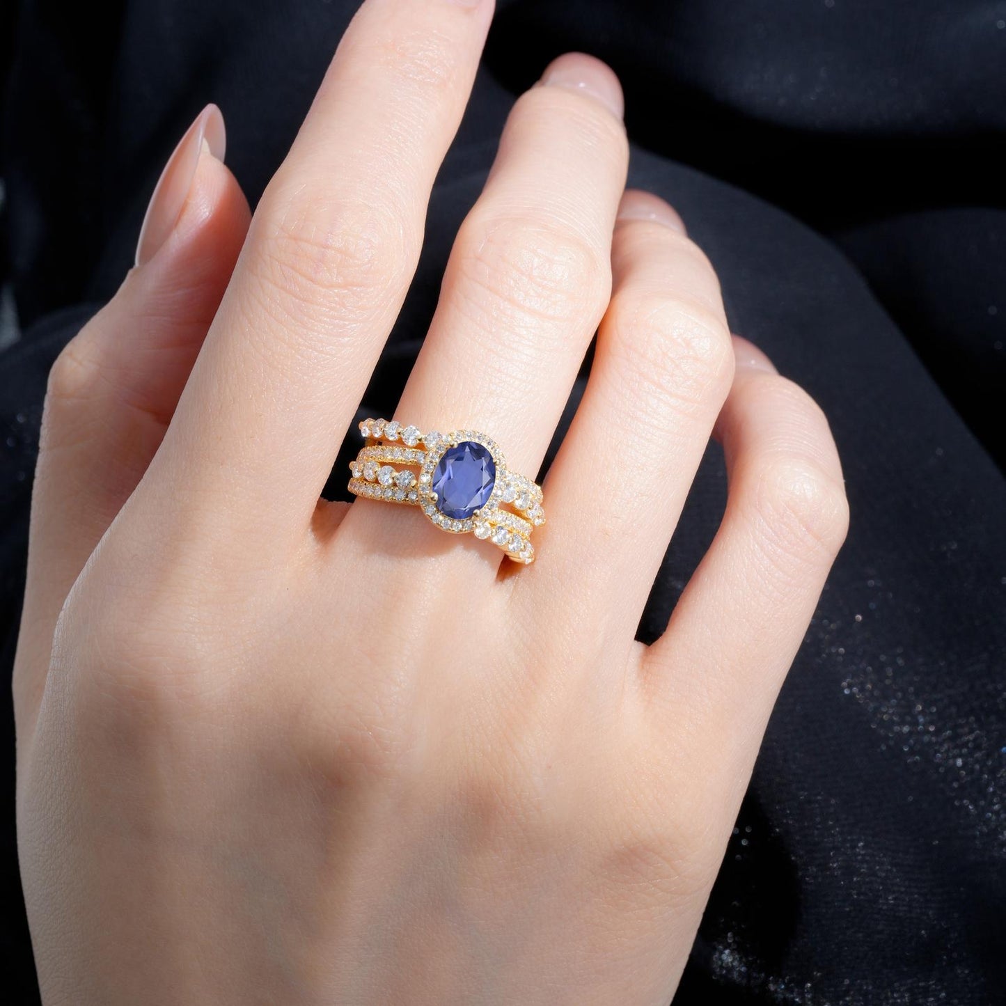 Oval Cut Tanzanite Halo Triple-Row Split Shank Engagement Ring - product view2
