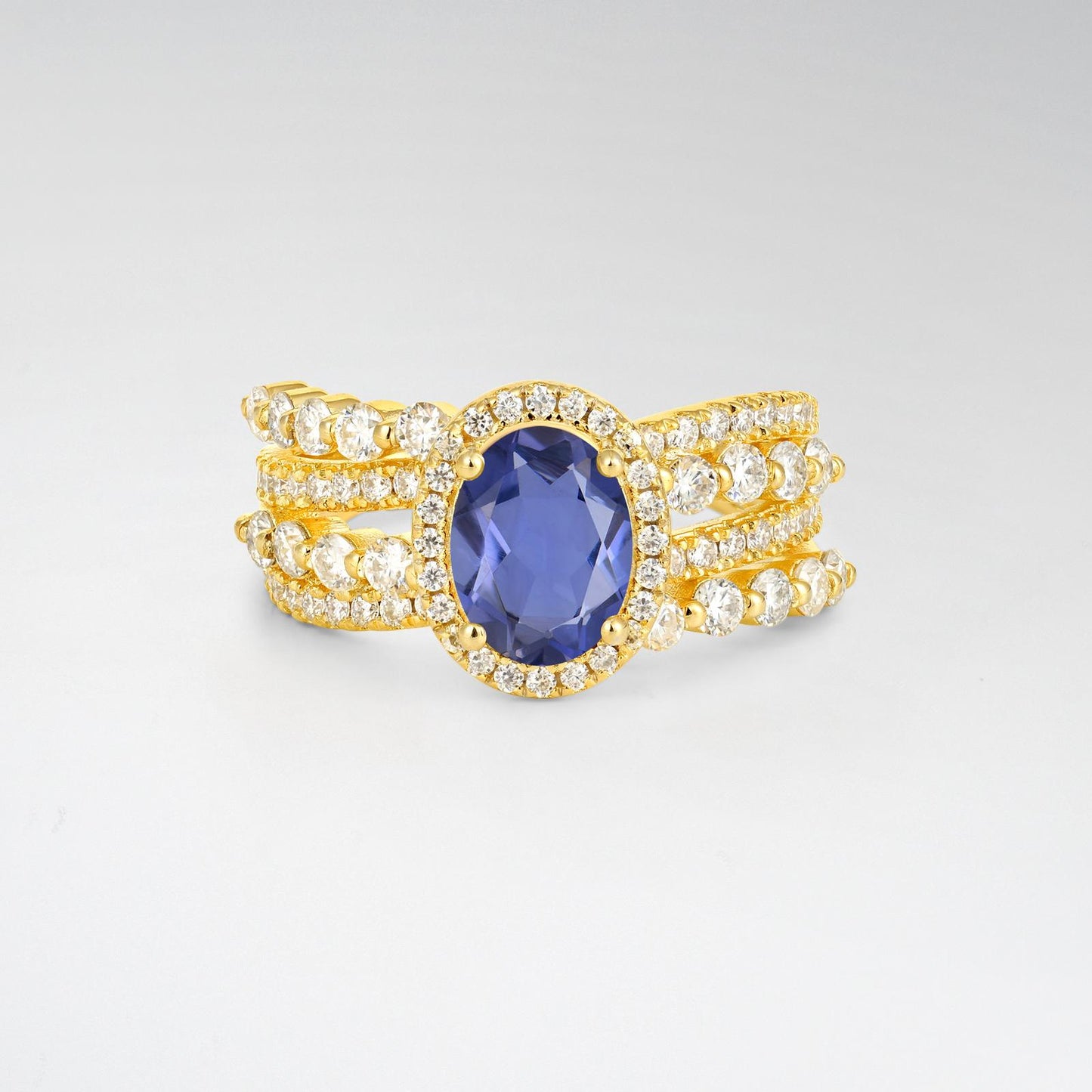 Oval Cut Tanzanite Halo Triple-Row Split Shank Engagement Ring - product view1