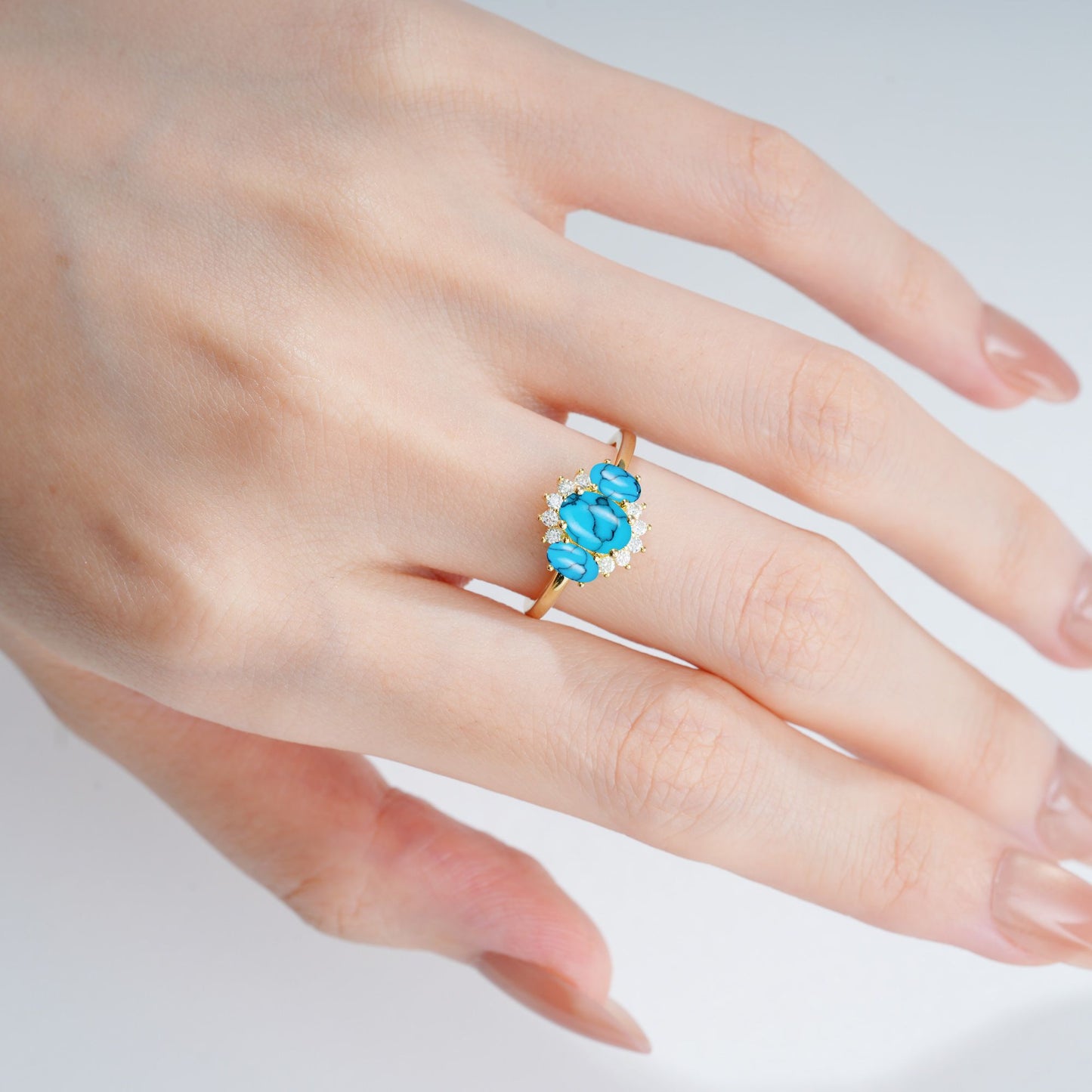 Oval Cut Turquoise Cluster Engagement Ring - product view2