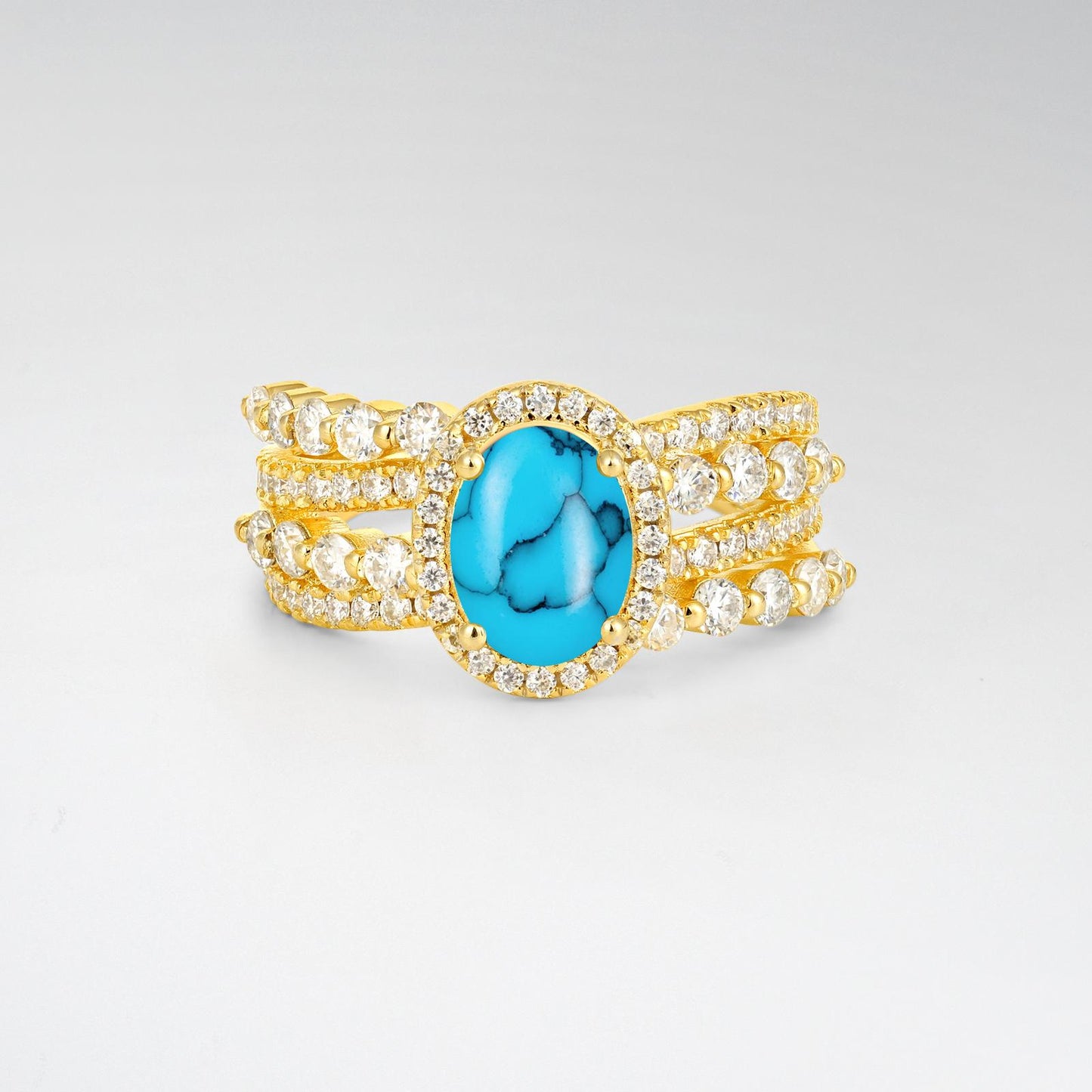 Oval Cut Turquoise Halo Triple-Row Split Shank Engagement Ring - product view1