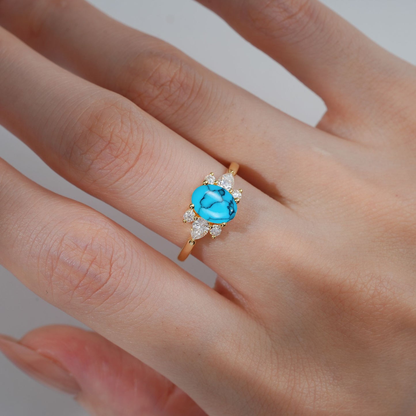 Oval Cut Turquoise Pear Side Stone Engagement Ring - product view2