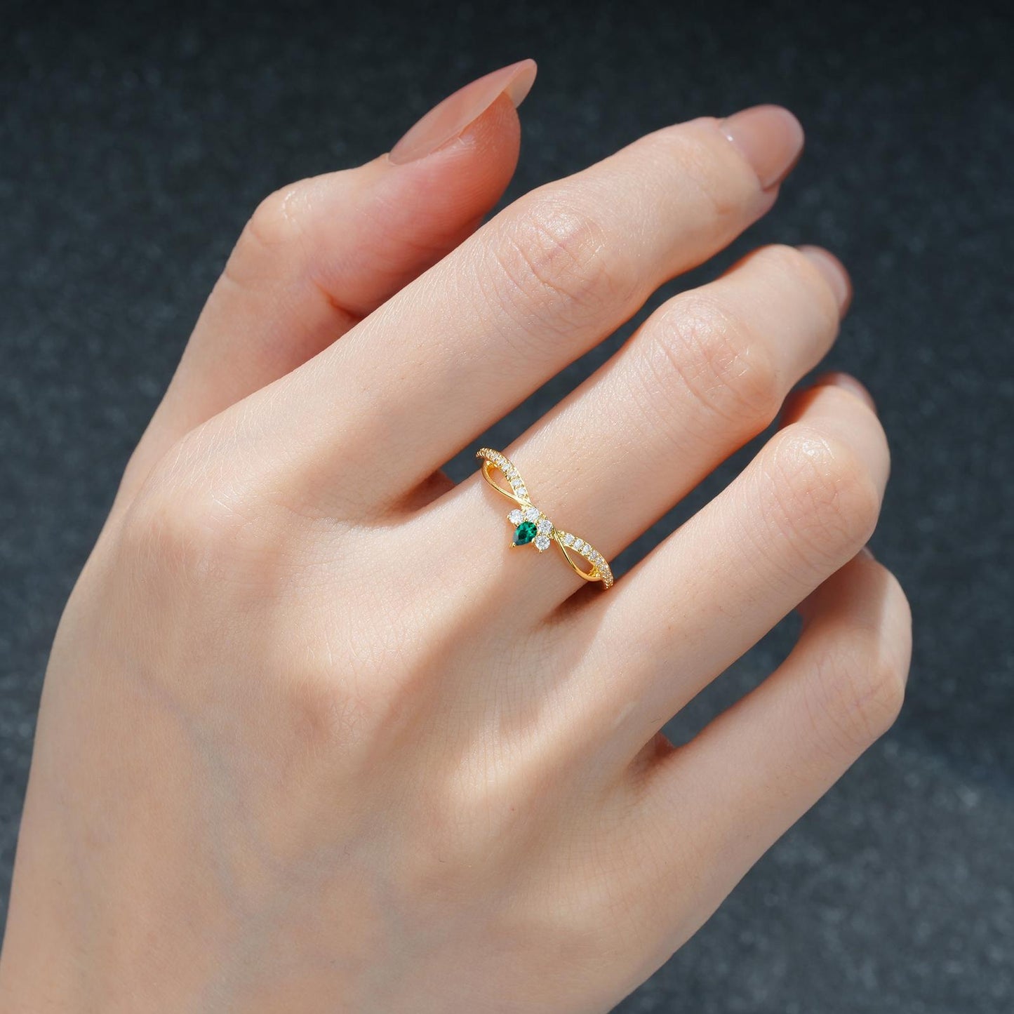 Pear Cut Emerald Infinity Twist Pavé Wedding Ring - product view2