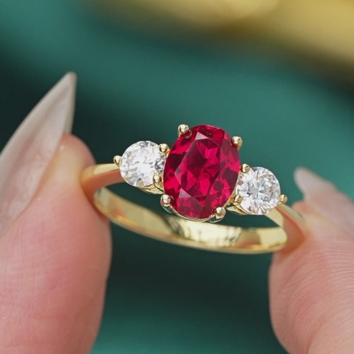 Classic Oval Cut Ruby 1.5CT Three Stone Engagement Ring