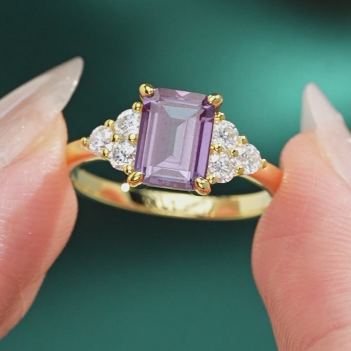 1.5 Carat Emerald Cut Alexandrite Floral Cluster Side Stone Engagement Ring