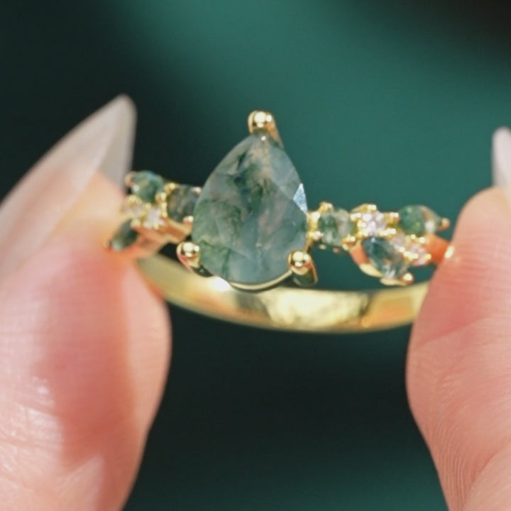 Pear Cut Moss Agate 1.0CT Marquise Cluster Nature Inspired Engagement Ring