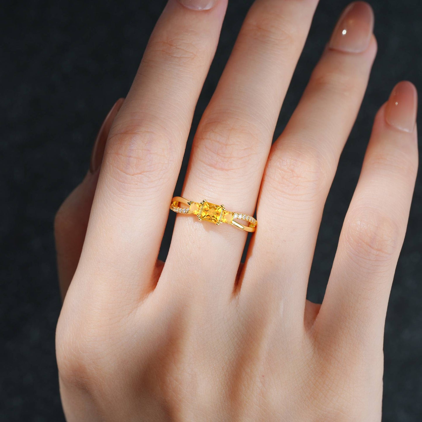 Princess Cut Citrine Three Stone Engagement Ring - product view2
