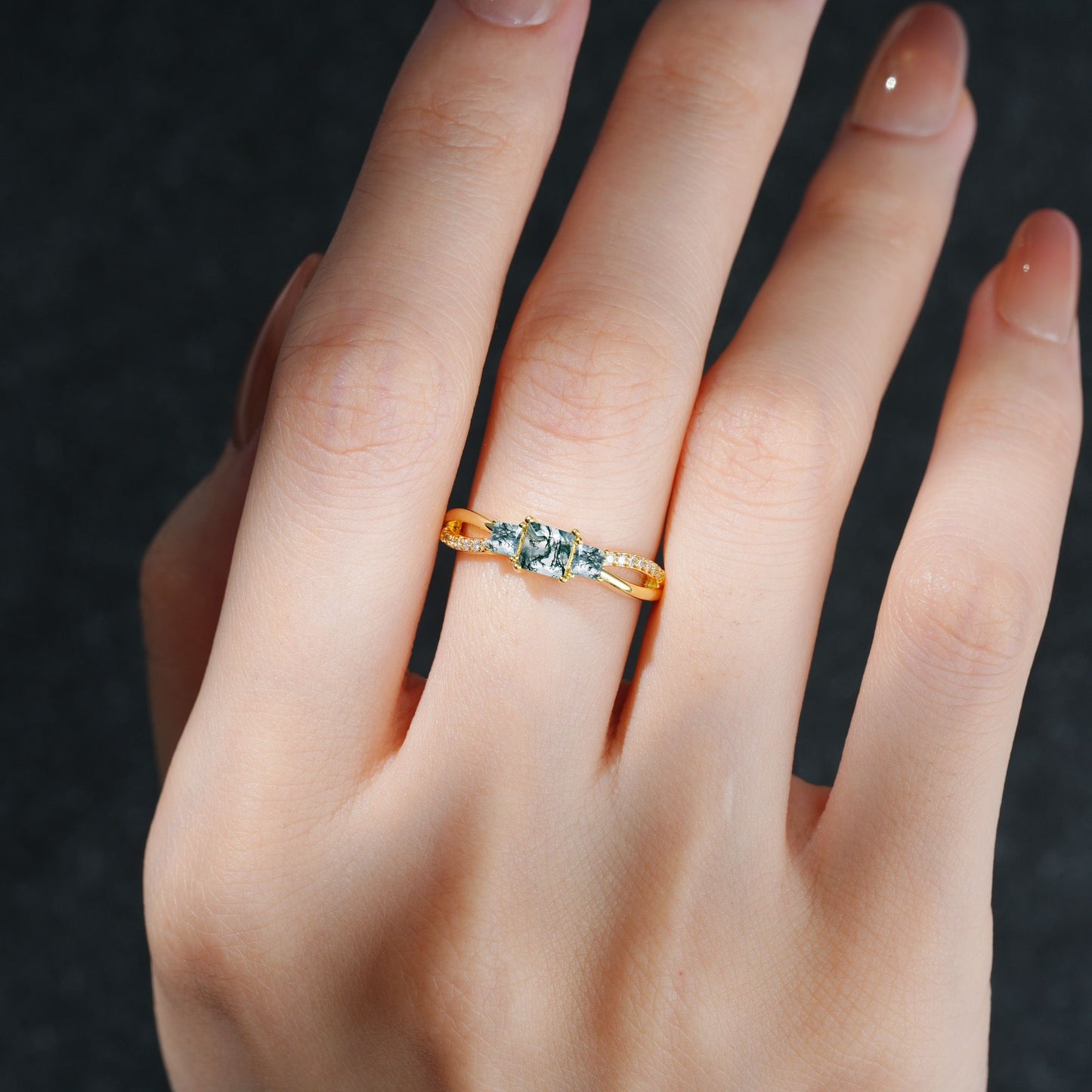 Princess Cut Moss Agate Three Stone Engagement Ring - product view2