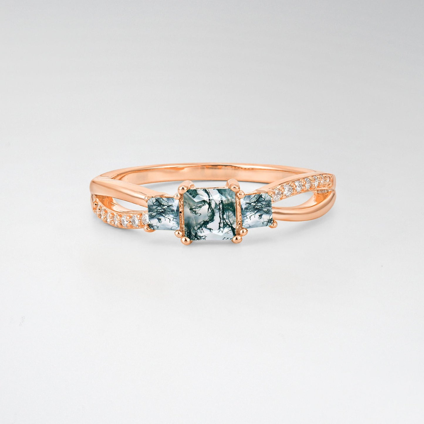 Princess Cut Moss Agate Three Stone Engagement Ring - product view1