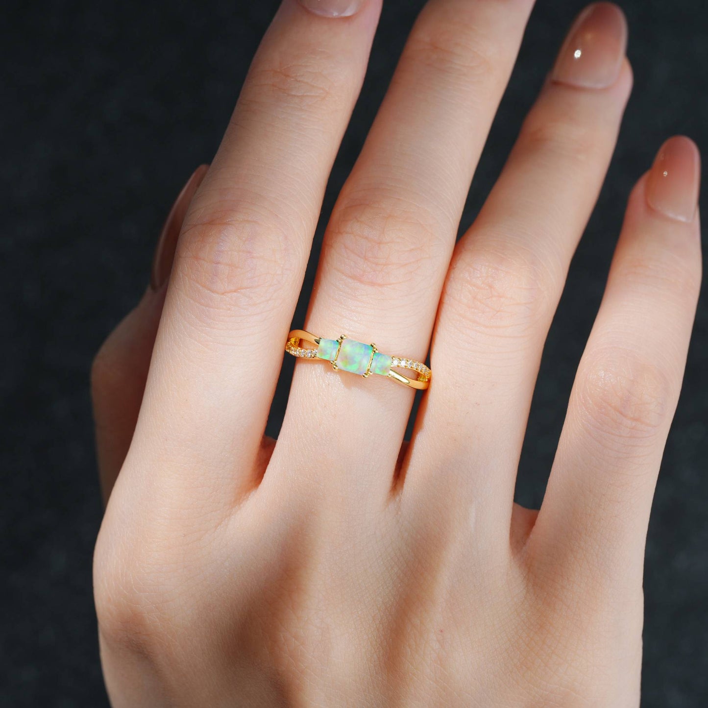 Princess Cut Opal Three Stone Engagement Ring - product view2