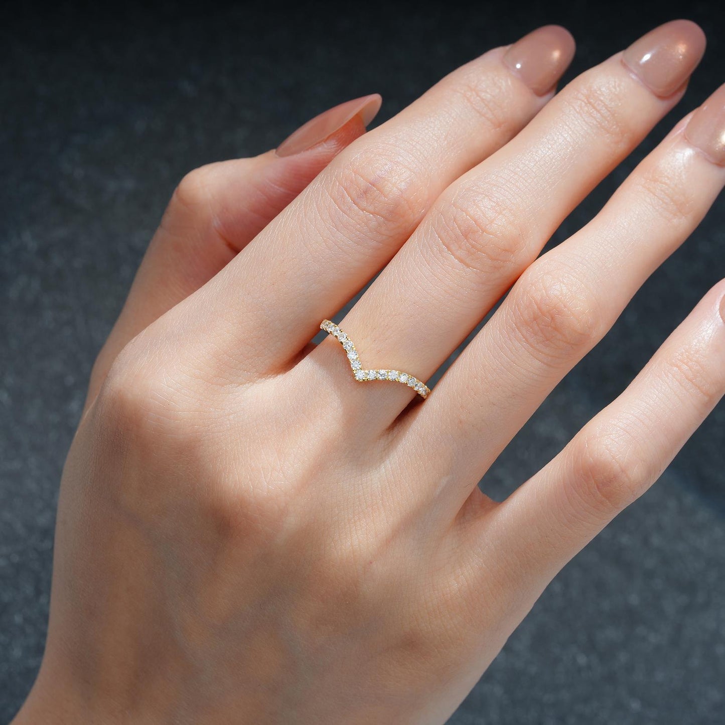 Round Cut Moissanite Chevron Wedding Band - product view2