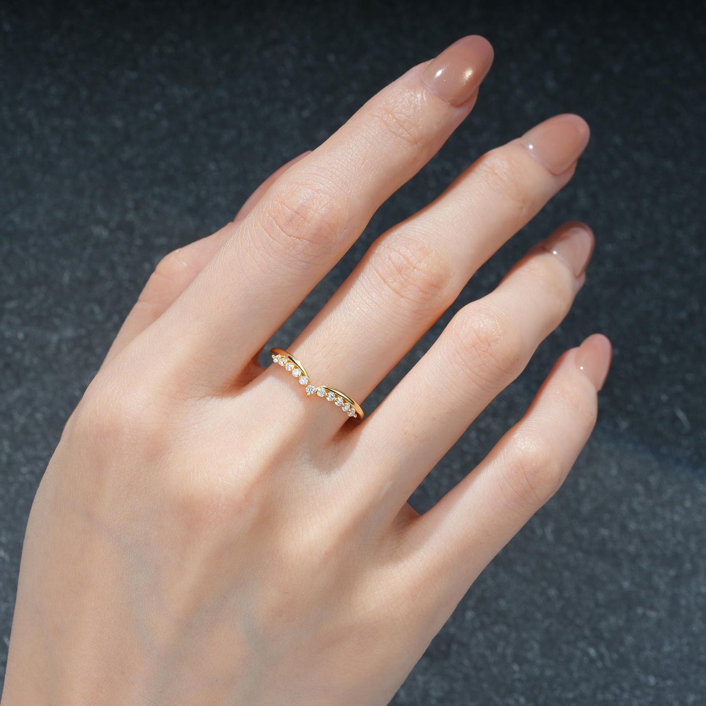 Round Cut Moissanite Double V Chevron Wedding Ring - product view2