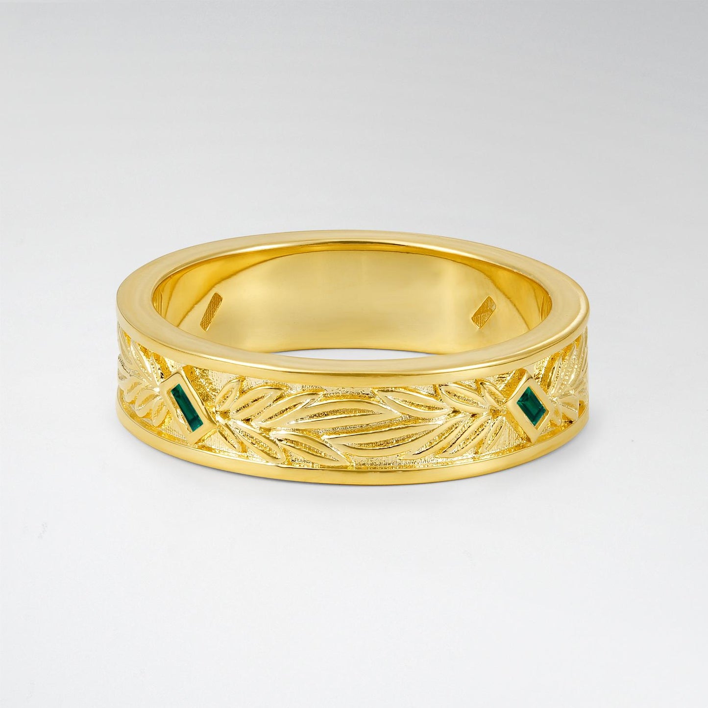 Vintage Baguette Cut Emerald Leaf Engraved Wide Wedding Ring - product view1