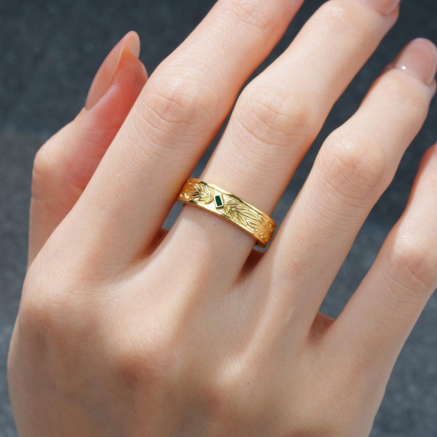 Vintage Baguette Cut Emerald Leaf Engraved Wide Wedding Ring - product view2