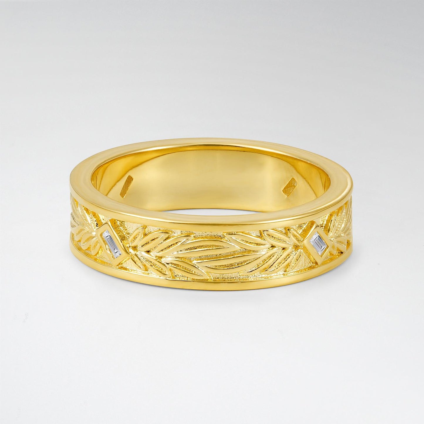 Vintage Baguette Cut Lab Diamond Leaf Engraved Wide Wedding Ring - product view1