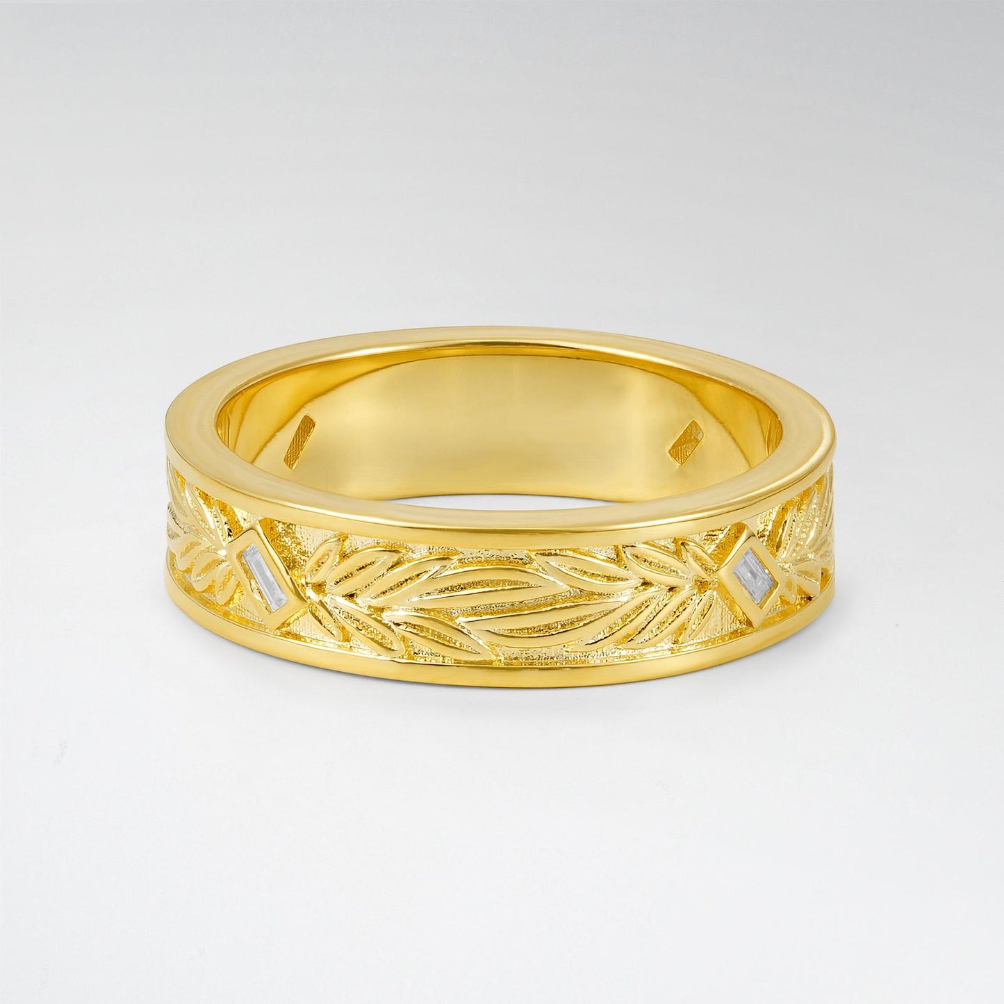 Vintage Baguette Cut Moissanite Leaf Engraved Wide Wedding Ring - product view1