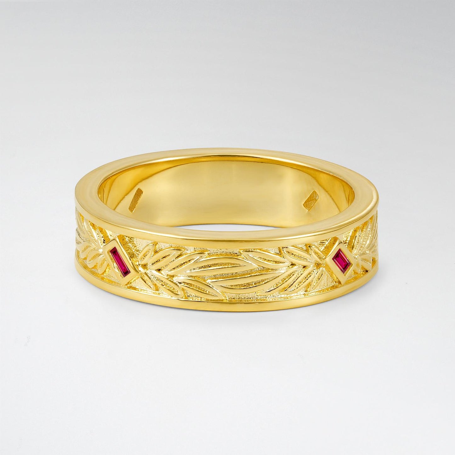 Vintage Baguette Cut Ruby Leaf Engraved Wide Wedding Ring - product view1