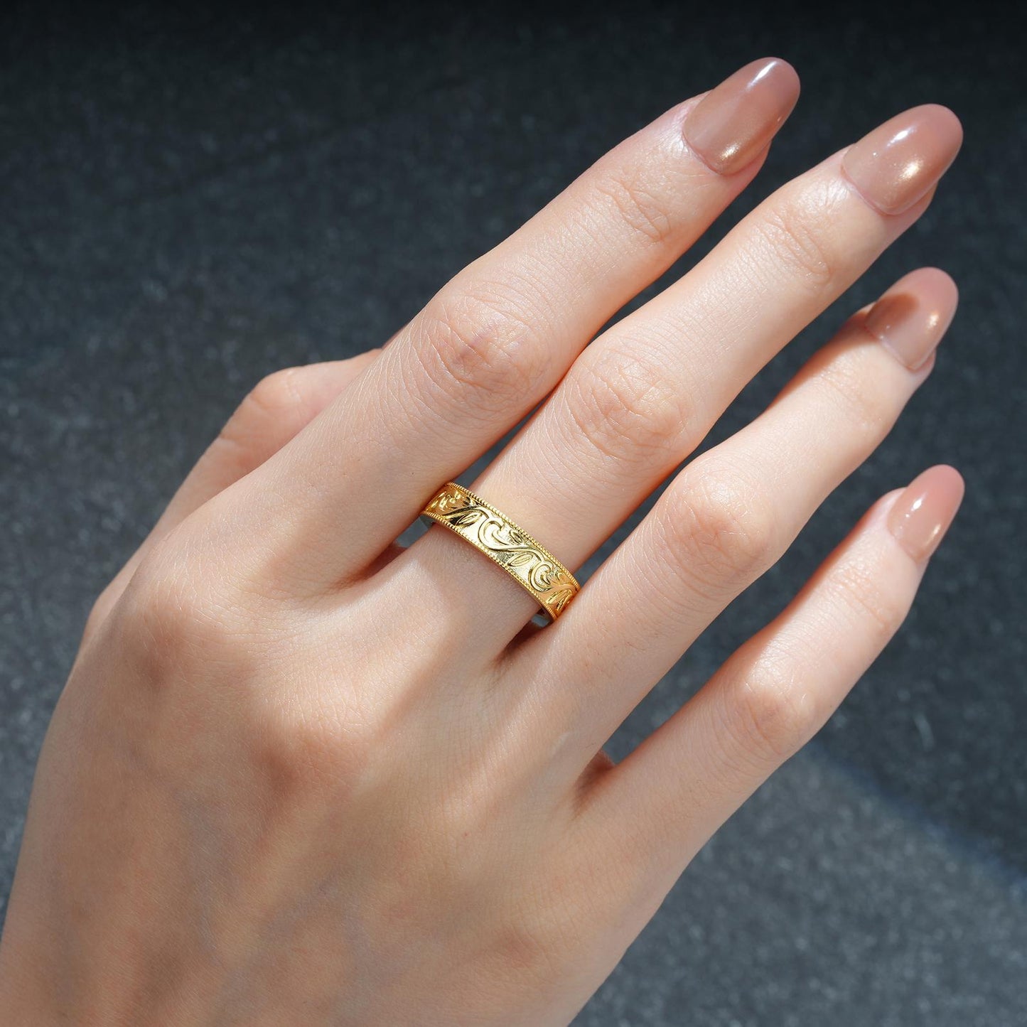 Vintage Leaf Vine Engraved Milgrain Wide Wedding Ring - product view2