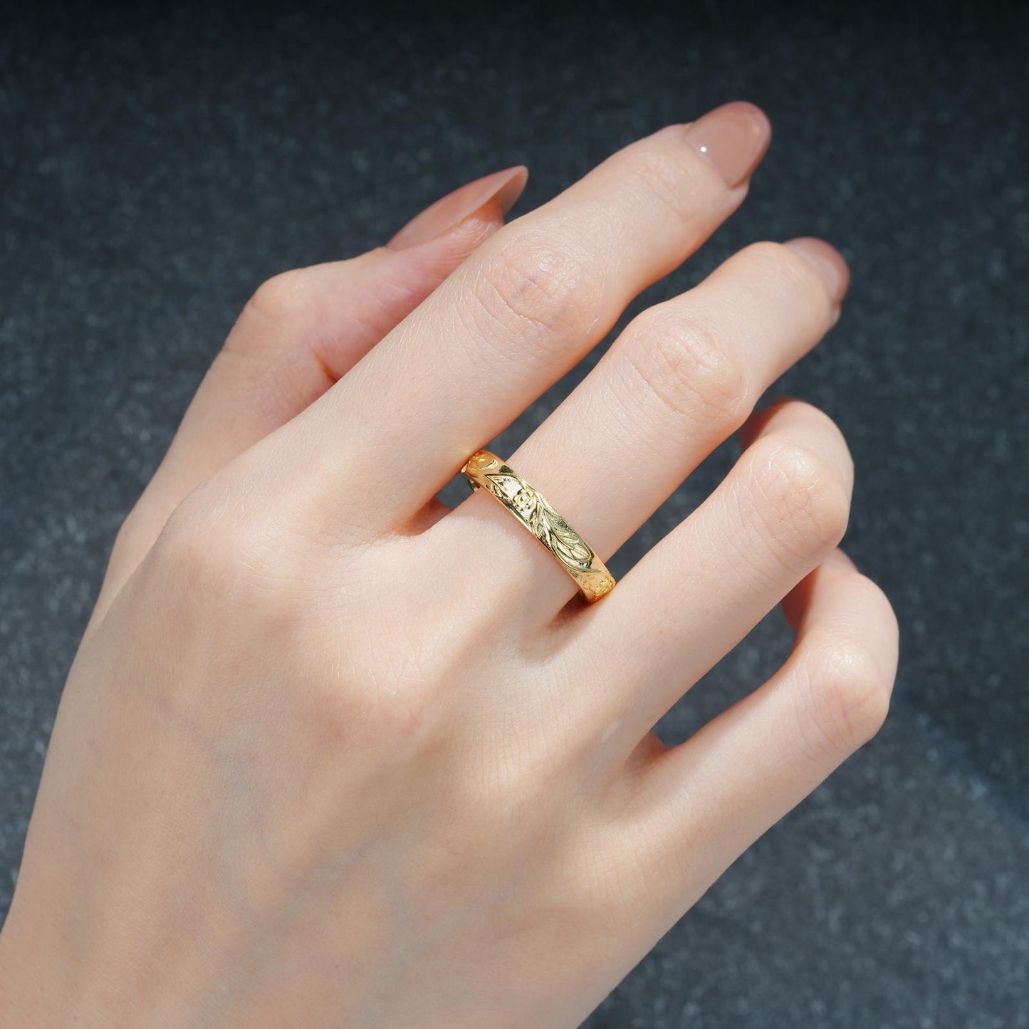 Vintage Rose and Leaf Engraved Wedding Ring - product view2